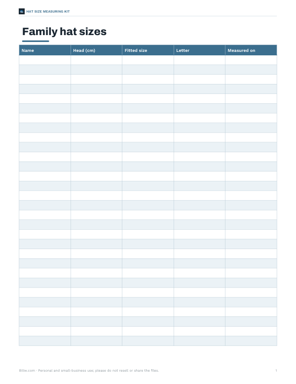 Preview of Printable Family Hat Size Card