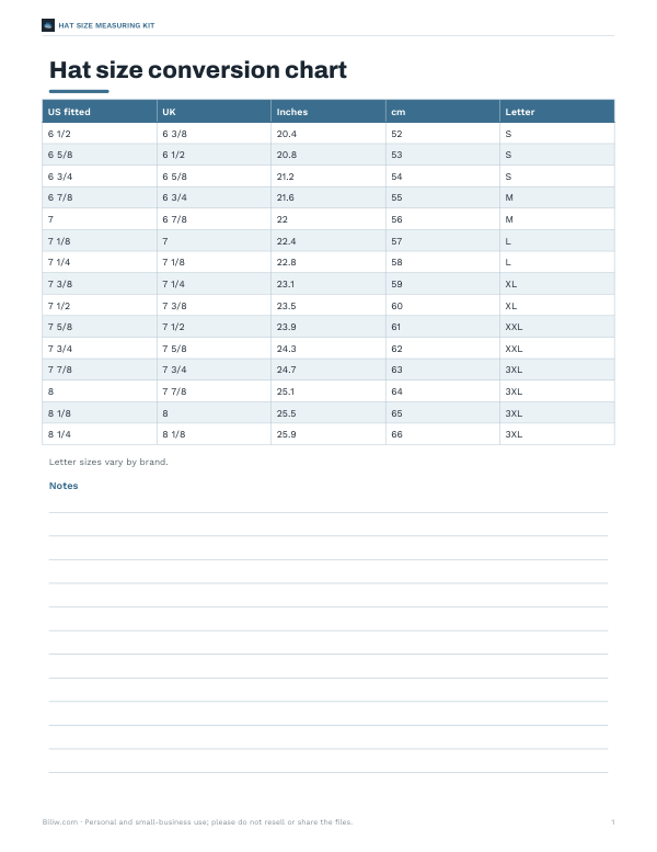 Preview of Printable Fitted Hat Size Chart